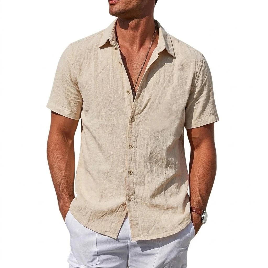 Men's Short Sleeve T-shirt Cotton Linen Shirts Casual Tshirts Man Solid Color Lapel Summer Shirts Male Breathable Hawaiian Shirt