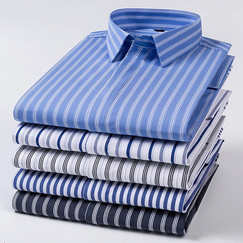 Quality Concealed Button Men Shirt Long Sleeves Dress Shirts For Men Slim Fit Camisa Social Business Blouse Stripe Shirt S-4XL