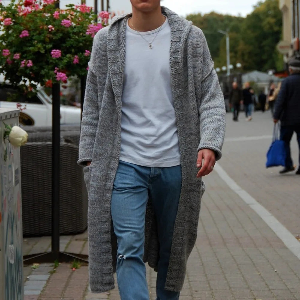 Men Cardigan Sweaters Hooded Coat Full Sleeve Solid Coats Casual Loose Outerwear Splice Open Stitch Autumn Winter 2024