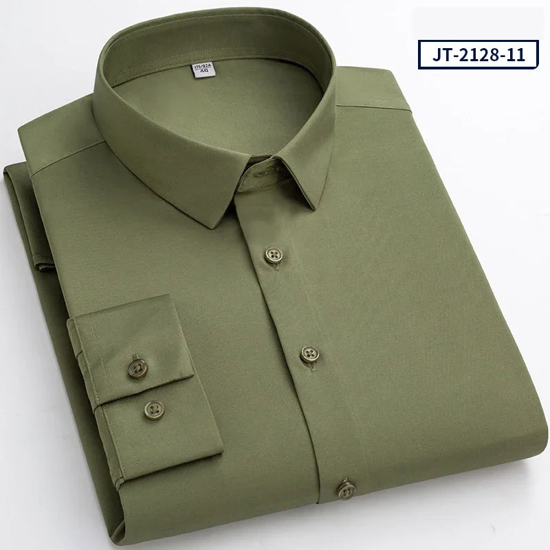 Over Size Solid Color Long-Sleeve Shirts for Men Slim Fit Formal Plain Shirt Elastic Single Pocket Tops Business Dress Clothes