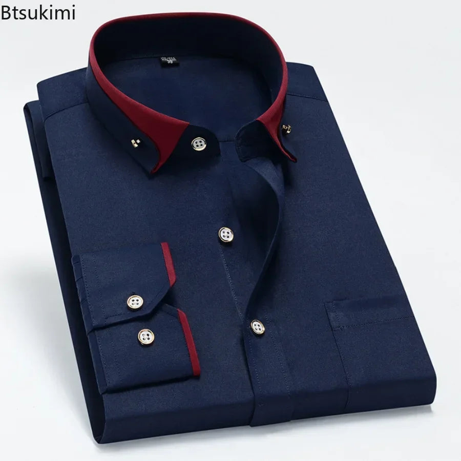 2026 Men's Long Sleeve Business Dress Shirts Solid Formal Button-Down Social Collar Camisa Elastic Anti-wrinkle Casual Men Shirt