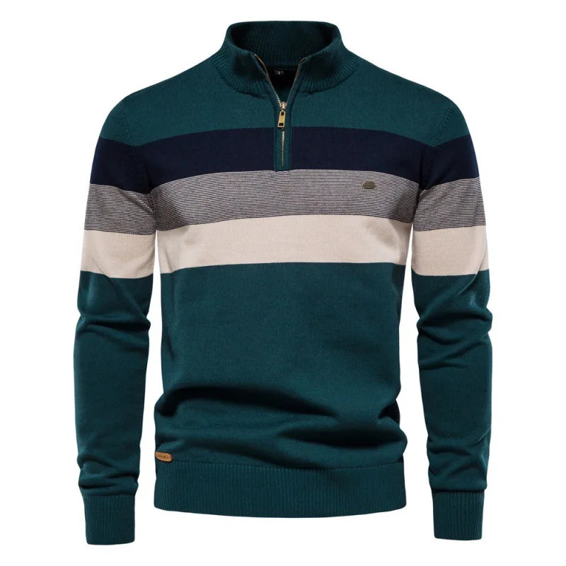 Fashion Autumn Winter Men's Half Zipper Stand Collar Striped Color-coded Casual Trendy Knitted Pullovers Male Sweaters Clothes