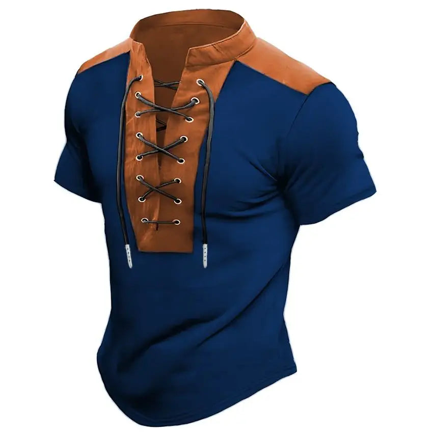 Men's V-neck Casual Beach Short Sleeved Color Matching Men's Top T-shirt Retro Streetwear