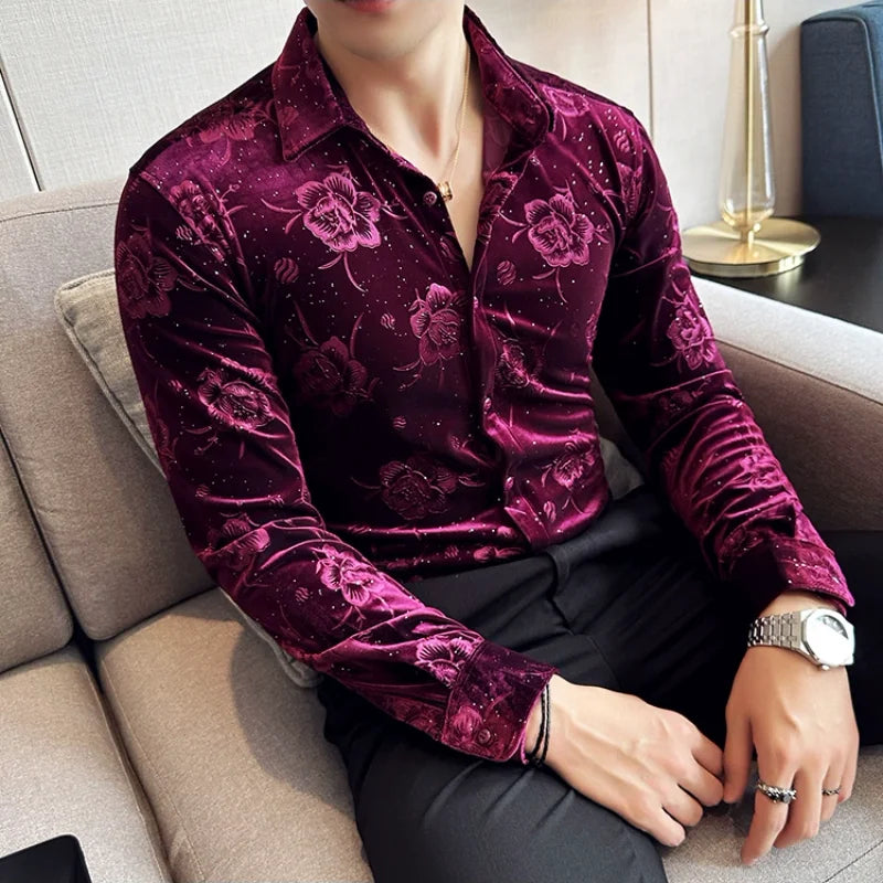 Men's Long Sleeve Velvet Flower Shirt New Luxury Printed Business Casual  Dress Shirts Formal Social Party Turn Down Collar Tops