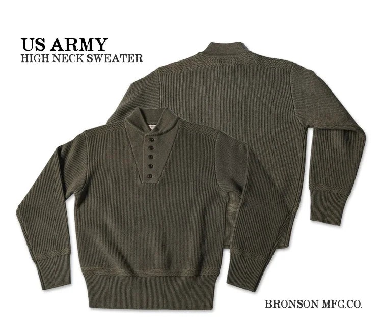 Rugged Bronson High Neck Sweater Vintage Style Men's Military Pullover Knitwear
