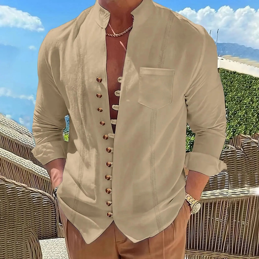 Men's Linen Retro Collar Long Sleeved Shirt, Casual and Comfortable, Multi Button Solid Color Striped Cardigan