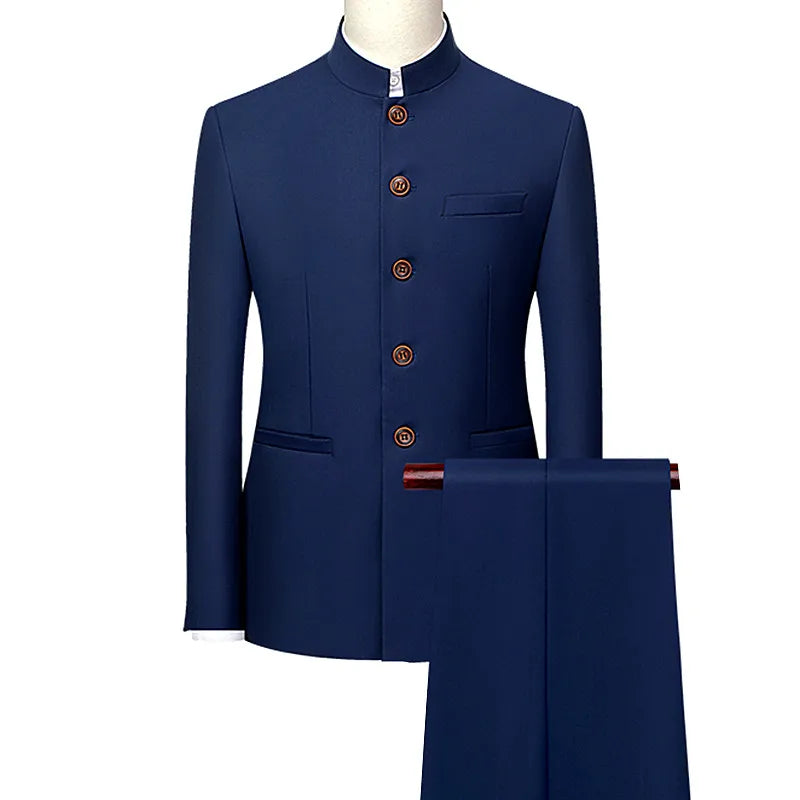 Men's White Single Breasted Stand Up Collar Suit 2-Piece, Chinese Style Red Slim-Fit Blazer Coat and Pants, Black, Blue, Yellow.