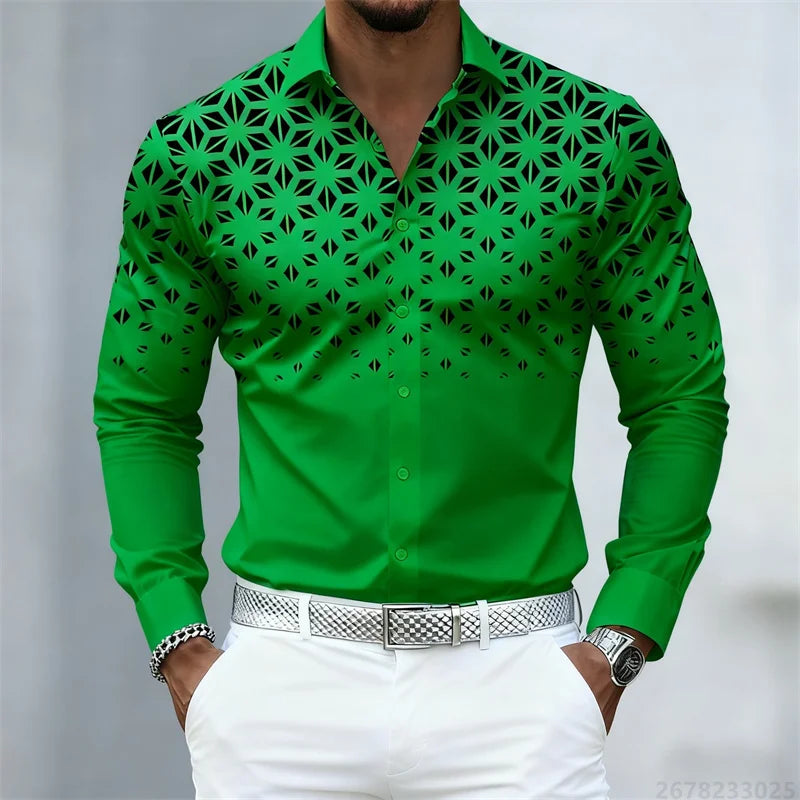 17 Colors of Men's Shirts, Fashionable Geometric Pattern Print Long Sleeve Shirts, Personalized Trendy Slim Lapel Casual Shirts