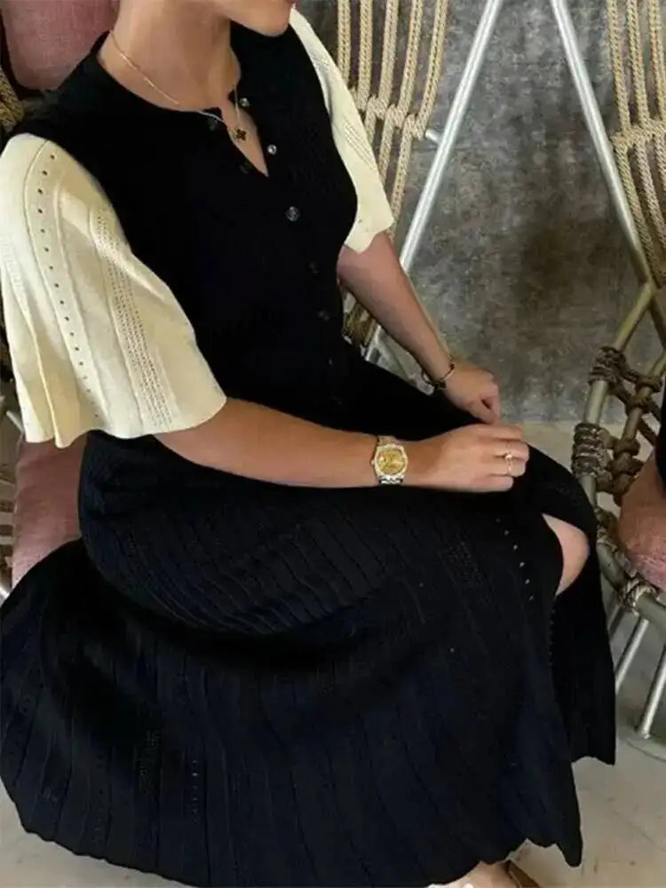 Elegant Knit Dress For Women White Slim O-neck Single Breasted Short Sleeve Long Dresses Female Spring Fashion Lady Robe T88X