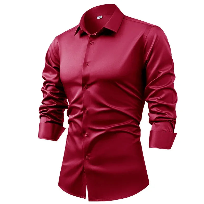 2025 Spring Autumn Royal Blue Silk Satin Long-sleeved Dress Shirts for Men, Navy Blue Business Casual Non-iron Wrinkle Camisas