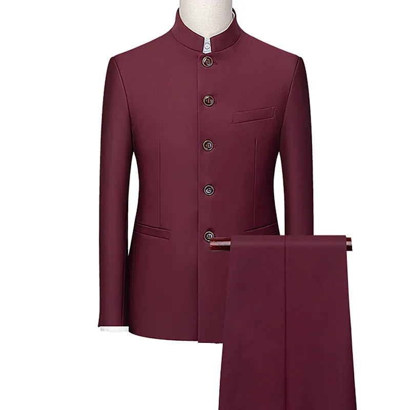 Men's White Single Breasted Stand Up Collar Suit 2-Piece, Chinese Style Red Slim-Fit Blazer Coat and Pants, Black, Blue, Yellow.