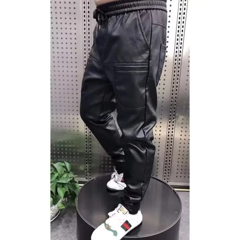 Outdoor Loose Harem Leather Pants Sweatpants Elastic Style Casual Trousers High Quality Luxury Brand Rock Style Men' Pants