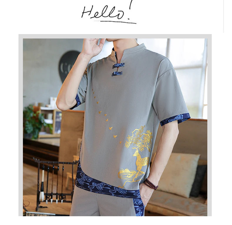 Shirts + Pants summer Cotton linen shorts sleeve shirts Men's Casual Sets Male Fashion trousers and shirts men size M-4XL TZ020
