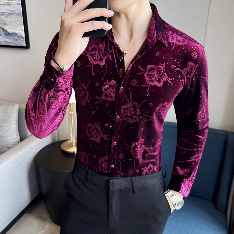 Men's Long Sleeve Velvet Flower Shirt New Luxury Printed Business Casual  Dress Shirts Formal Social Party Turn Down Collar Tops