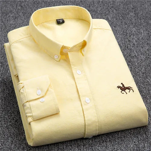 Cotton Oxford Shirt For Men Long Sleeve Plaid Striped Casual Shirts Male Pocket Regular-Fit Button-Down Work Man Dress Shirt