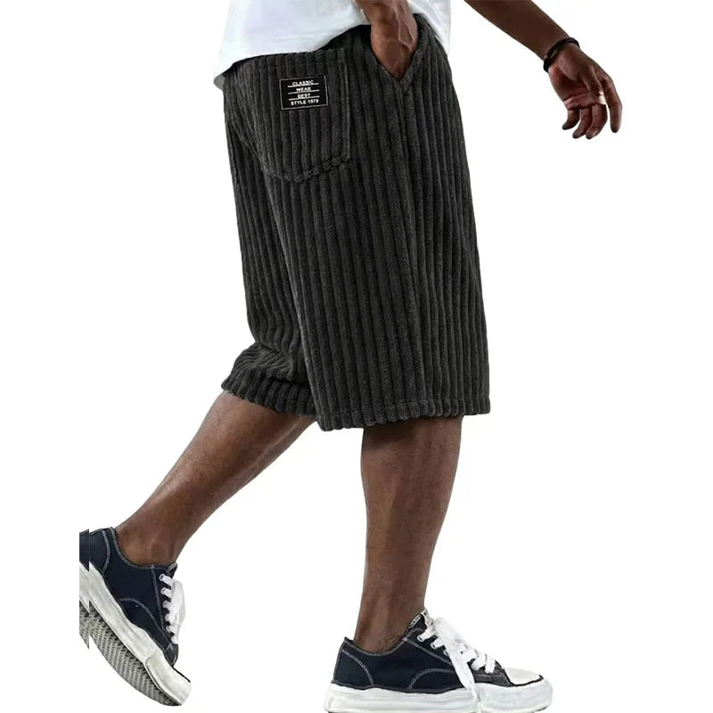 2026 Summer Casual Mens Corduroy Shorts Solid Bottoms Vintage Striped Textured Pants Men Daily Leisure Loose Straight Short