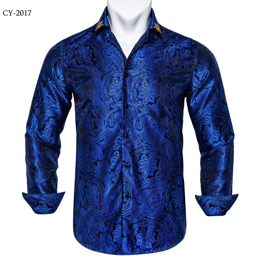 Brand New Men's Royal Blue Business Shirts Luxury Fashion Paisley Long Sleeve Turn-Down Collar Social Shirt Male Casual Blouse