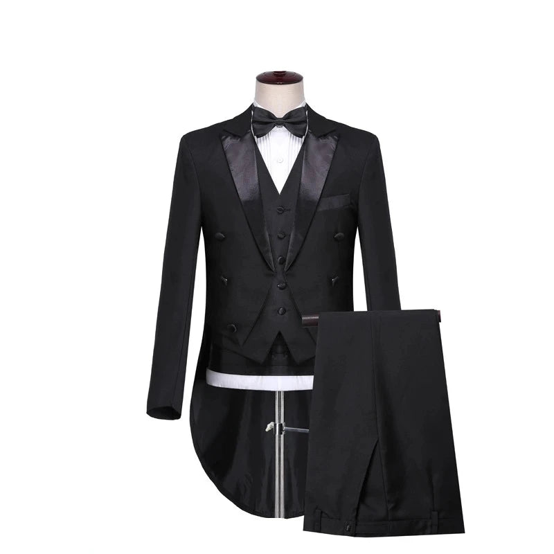 Men's Black Tuxedo Tailcoat Formal Dress Suits 3 Piece ,White Male Jacket and Pants Vest,Party Wedding Dance Magic Performance