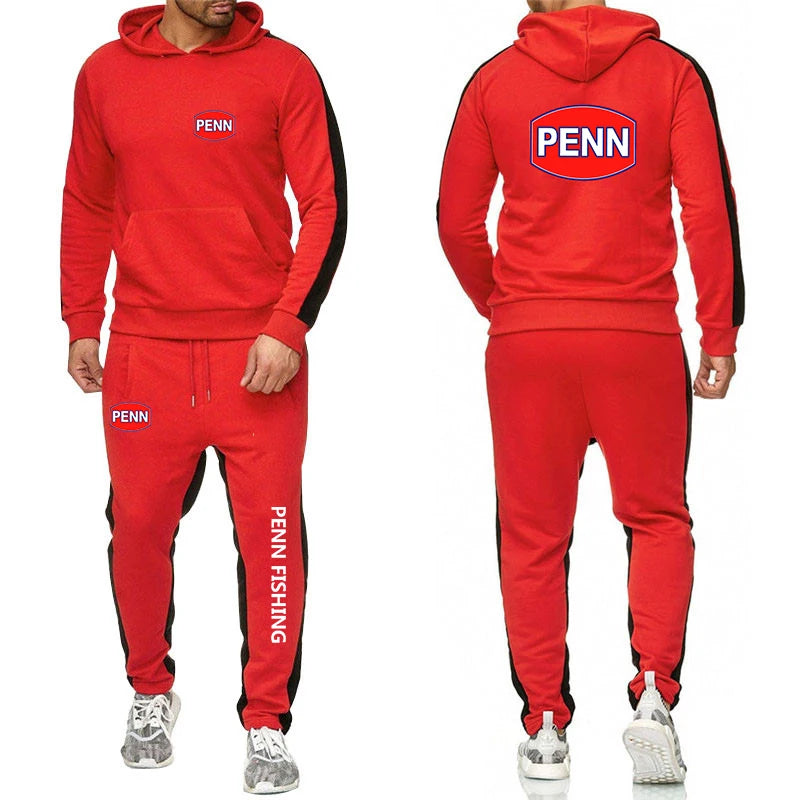 2024 Men's New Penn Fishing Reel Spring and Autumn Solid Color Sweatshirt Set Casual Long-sleeved Hoodies Pants Two Piece Suit