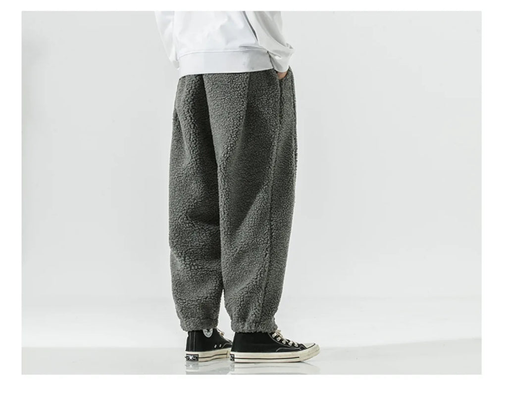 Winter Men's Lamb Wool Casual Pants Fleece Warm Elastic Waist Sweatpants Solid Thick Harem Pants Male Vintage Joggers Trousers