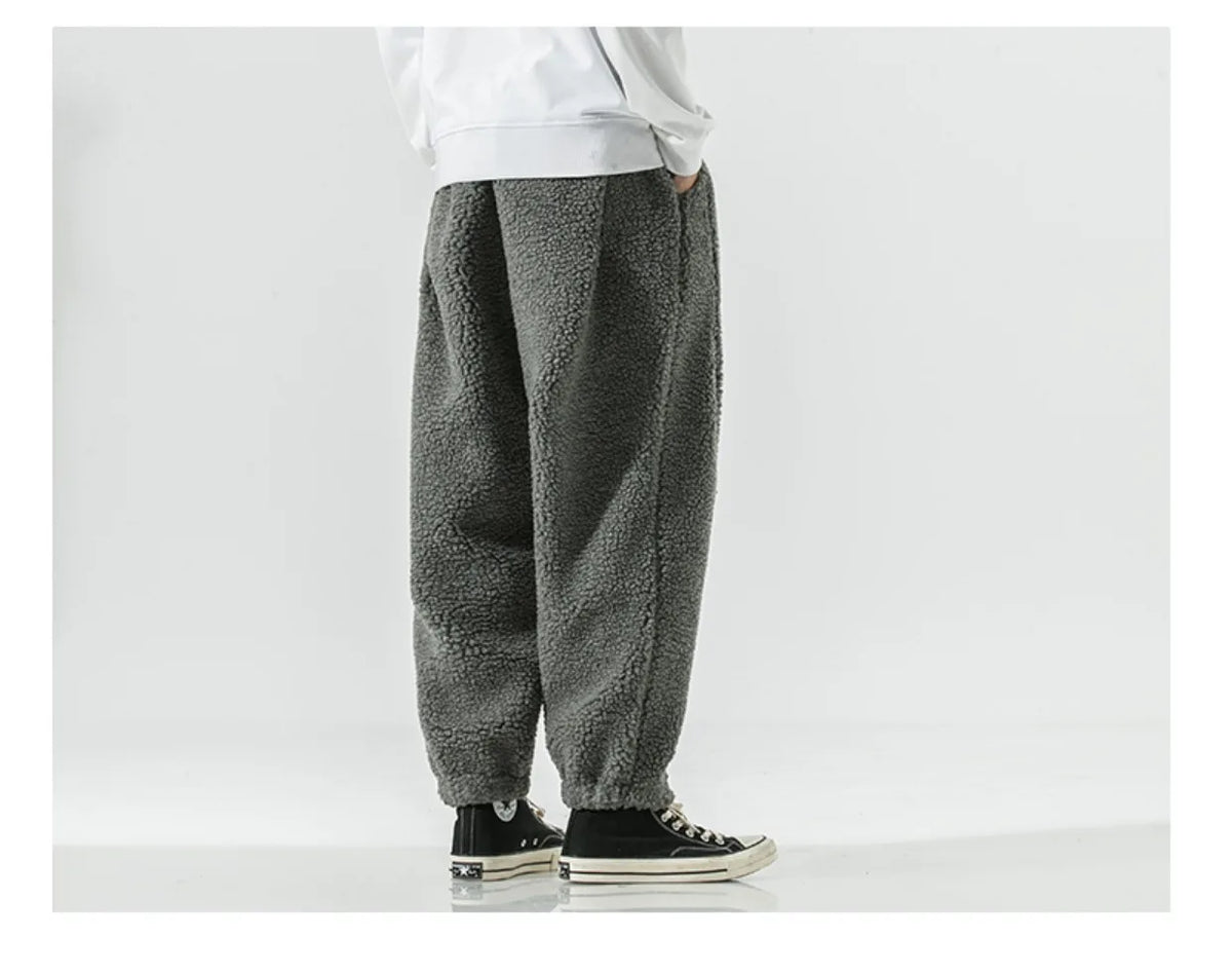 Winter Men's Lamb Wool Casual Pants Fleece Warm Elastic Waist Sweatpants Solid Thick Harem Pants Male Vintage Joggers Trousers