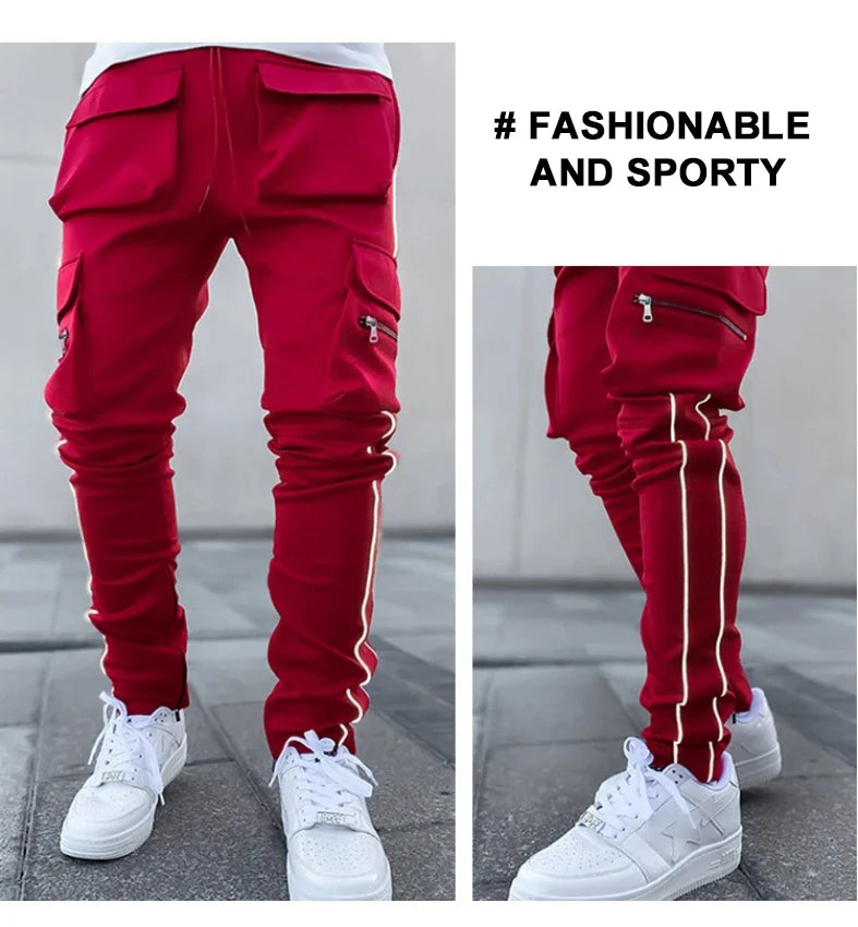 Summer Men's Jogging Sports Pants Multi-Pocket Sweatpants Running Trousers Men's Casual Joggers Cargo Reflective Hip Pop Pants