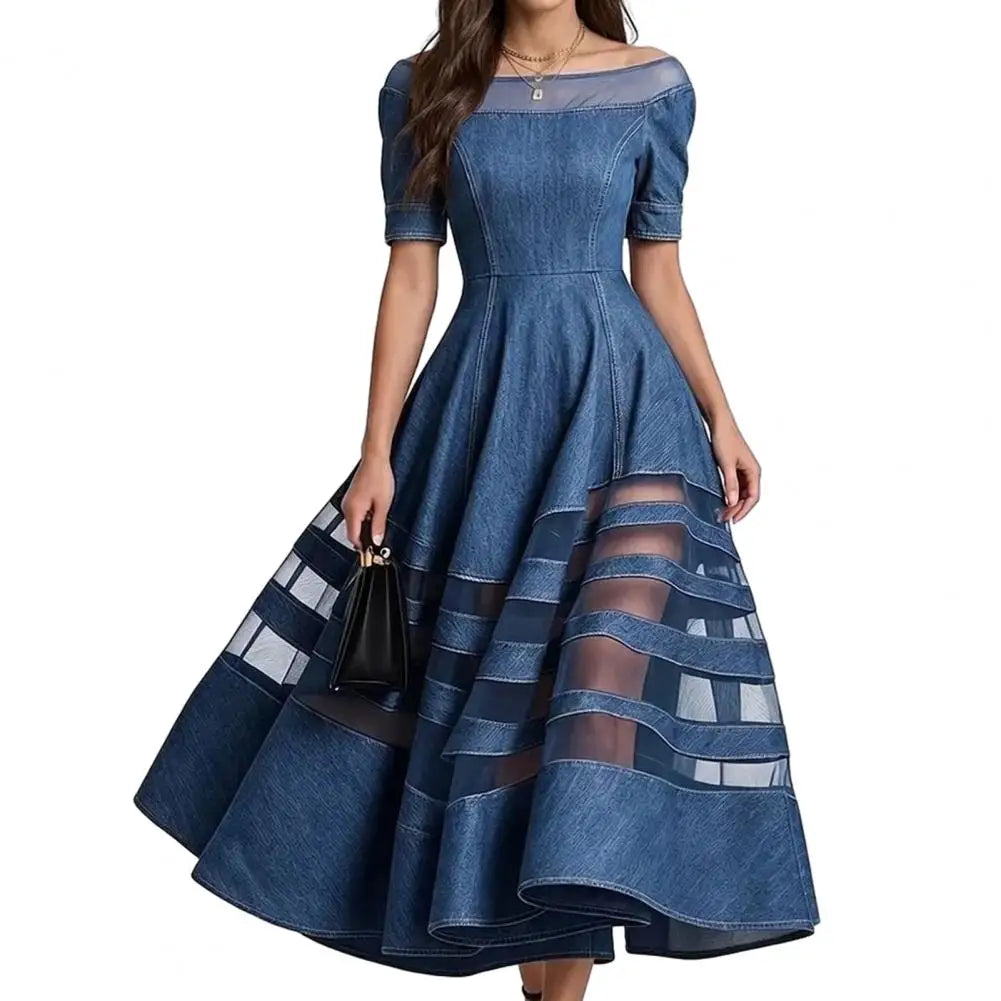 Women's Denim Dress Trendy Off Shoulder Dress Mesh Patchwork Short Sleeve A-line Swing Dress Summer Travel Vacation Long Dresses