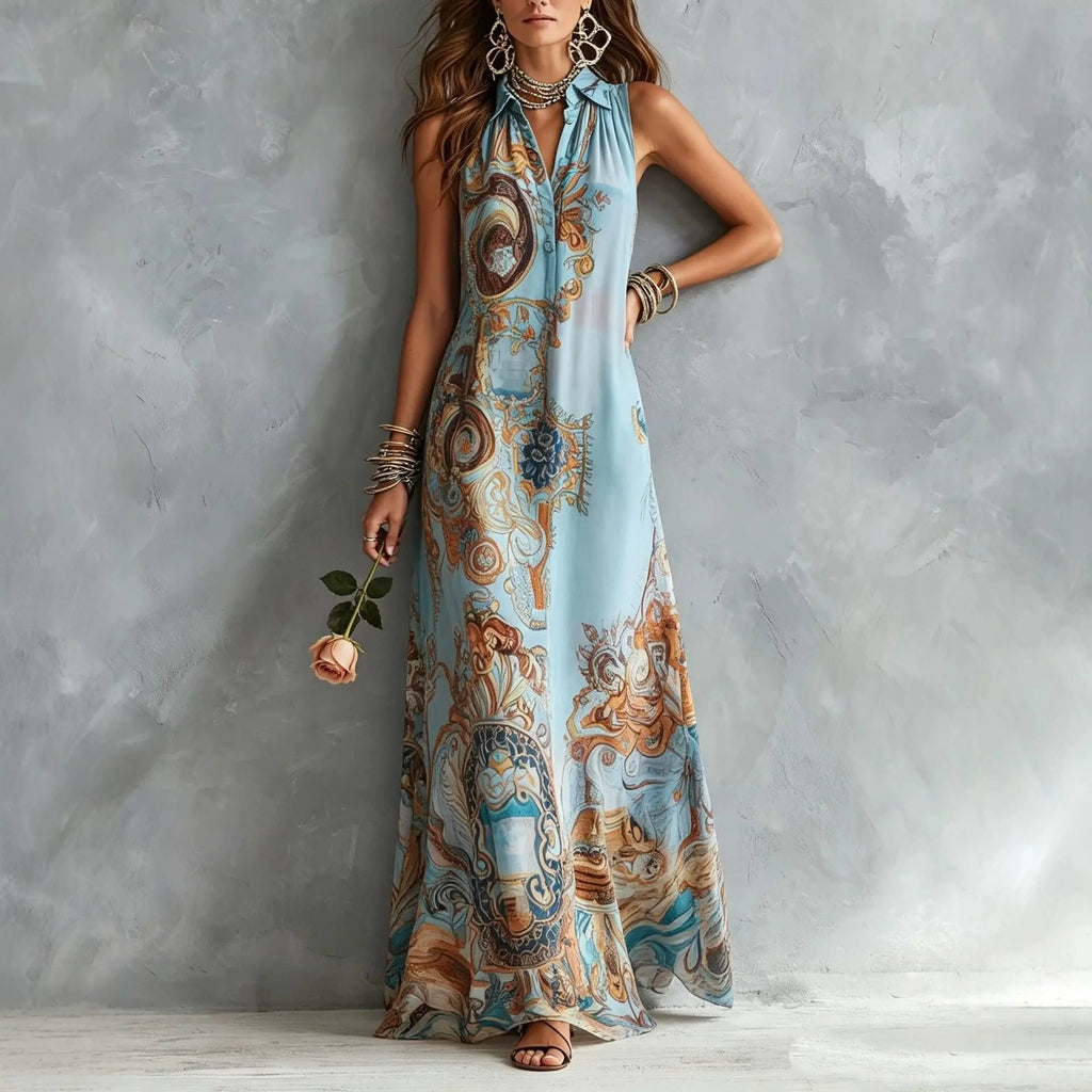 Elegant Sleeveless Long Dress for Women Digital Print Turndown Collar Single-breasted Dresses Flowy Casual Boho Summer Vestido