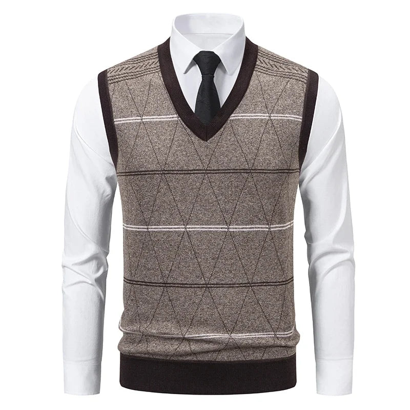 2026 Men's V-neck Knitted Sweater Warm Autumn Winter Diamond Grid Twisted Flower Casual Fashion Versatile Knit Top