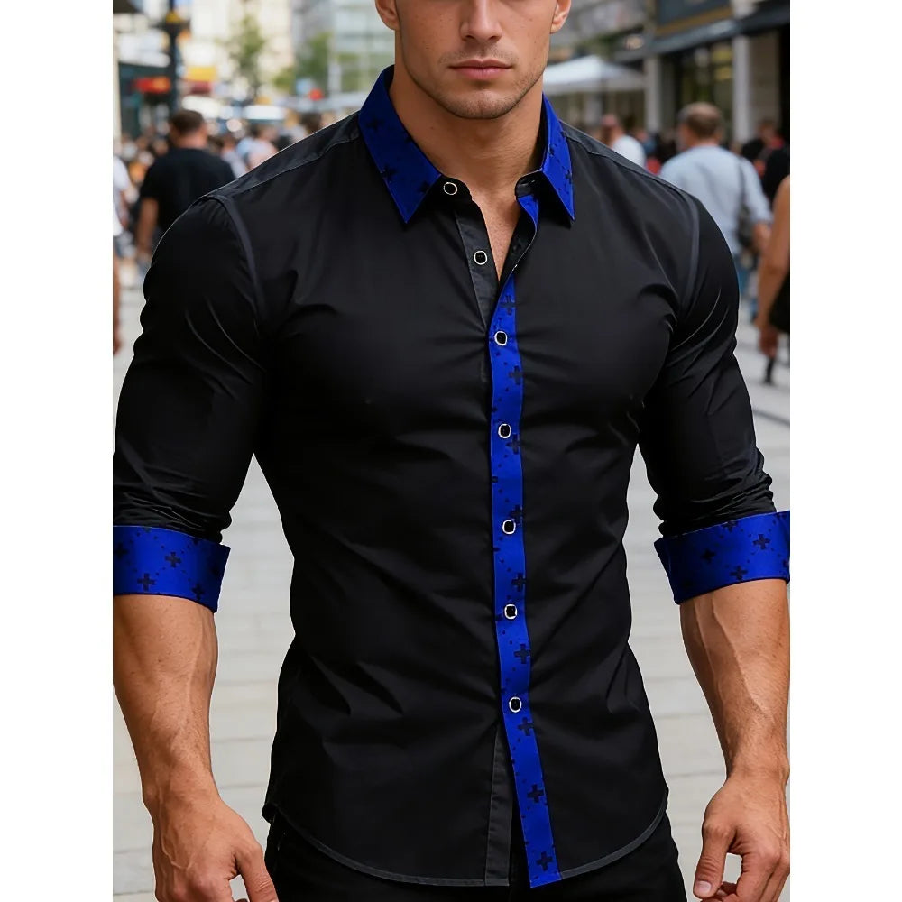 FGKKS Men Shirt Brand New High Street Patchwork Tuxedo Long Sleeve Four Season Elastic Man Business Dress Shirts Male