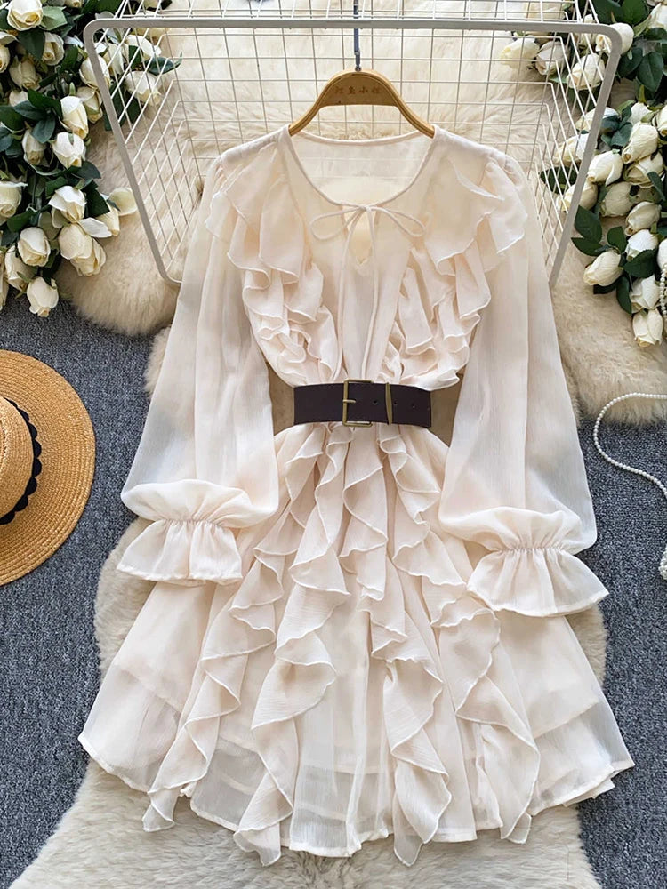 Women  Spring Dress French Elegance Chiffon Ruffle Long Sleeve High-Waist Belted Versatile Office Wear Mid Length Vestidos DS334