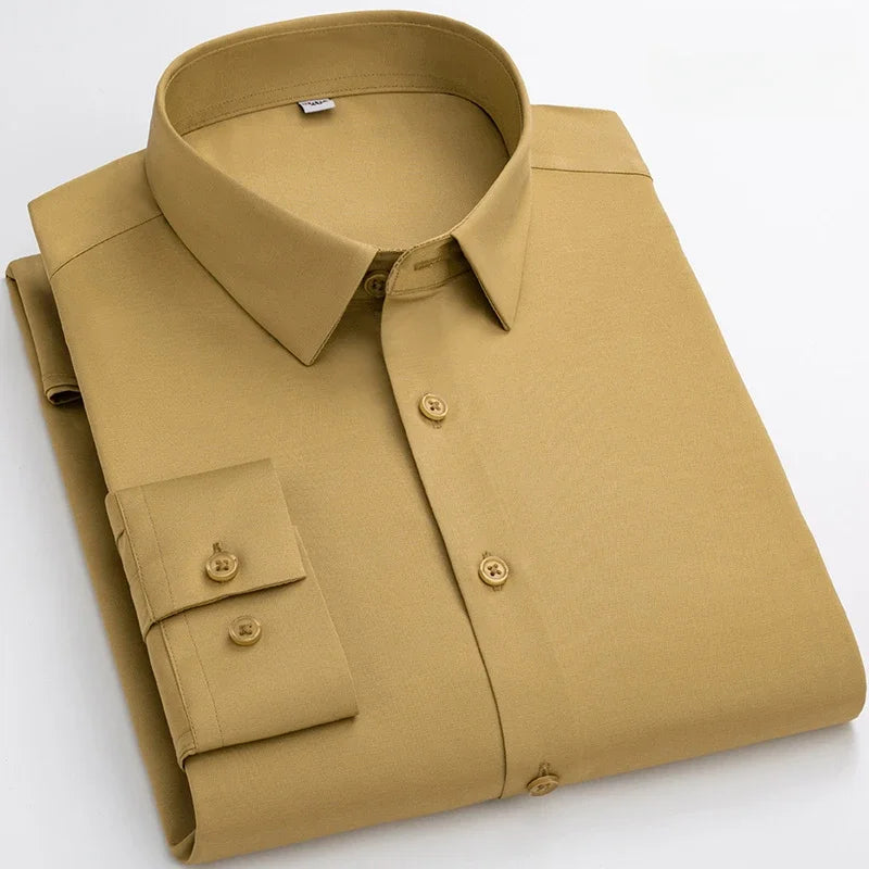 Over Size Solid Color Long-Sleeve Shirts for Men Slim Fit Formal Plain Shirt Elastic Single Pocket Tops Business Dress Clothes