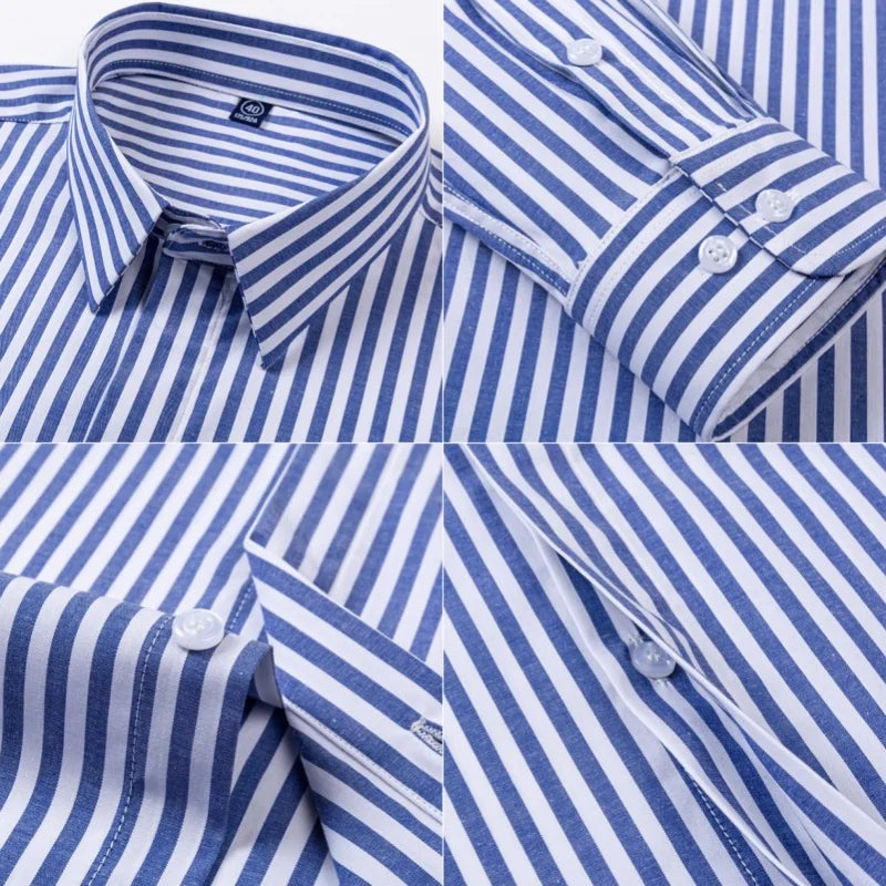 Quality Concealed Button Men Shirt Long Sleeves Dress Shirts For Men Slim Fit Camisa Social Business Blouse Stripe Shirt S-4XL