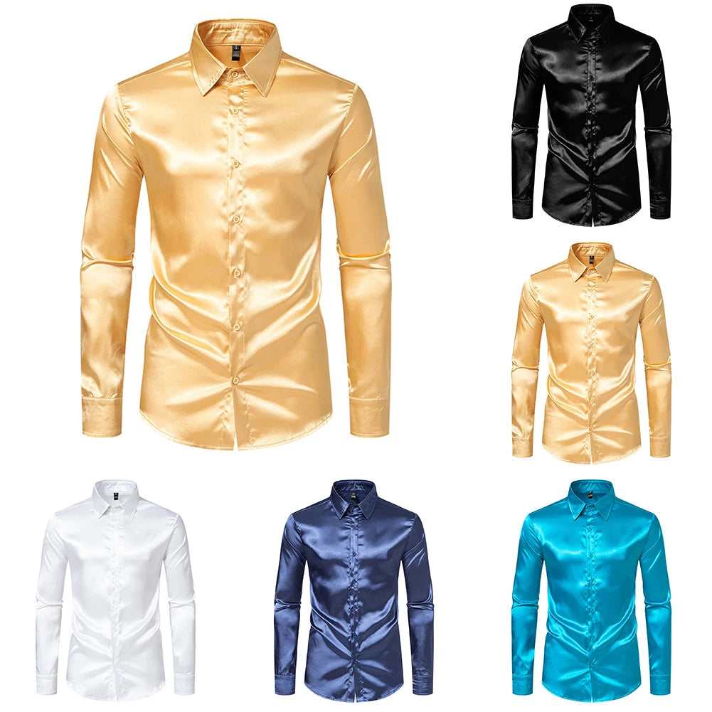 Men's Casual Satin Silk Shirts Single Breasted Button Lapel Collar Dress Shirt Slim Fit Fashion Party Long Sleeve Tops Clothing