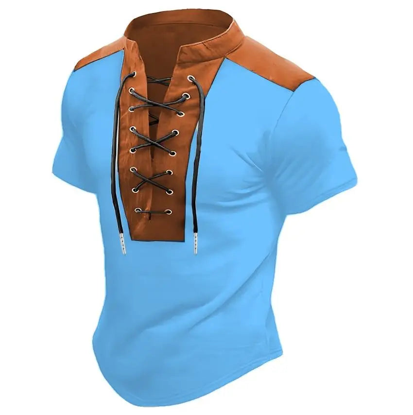 Men's V-neck Casual Beach Short Sleeved Color Matching Men's Top T-shirt Retro Streetwear