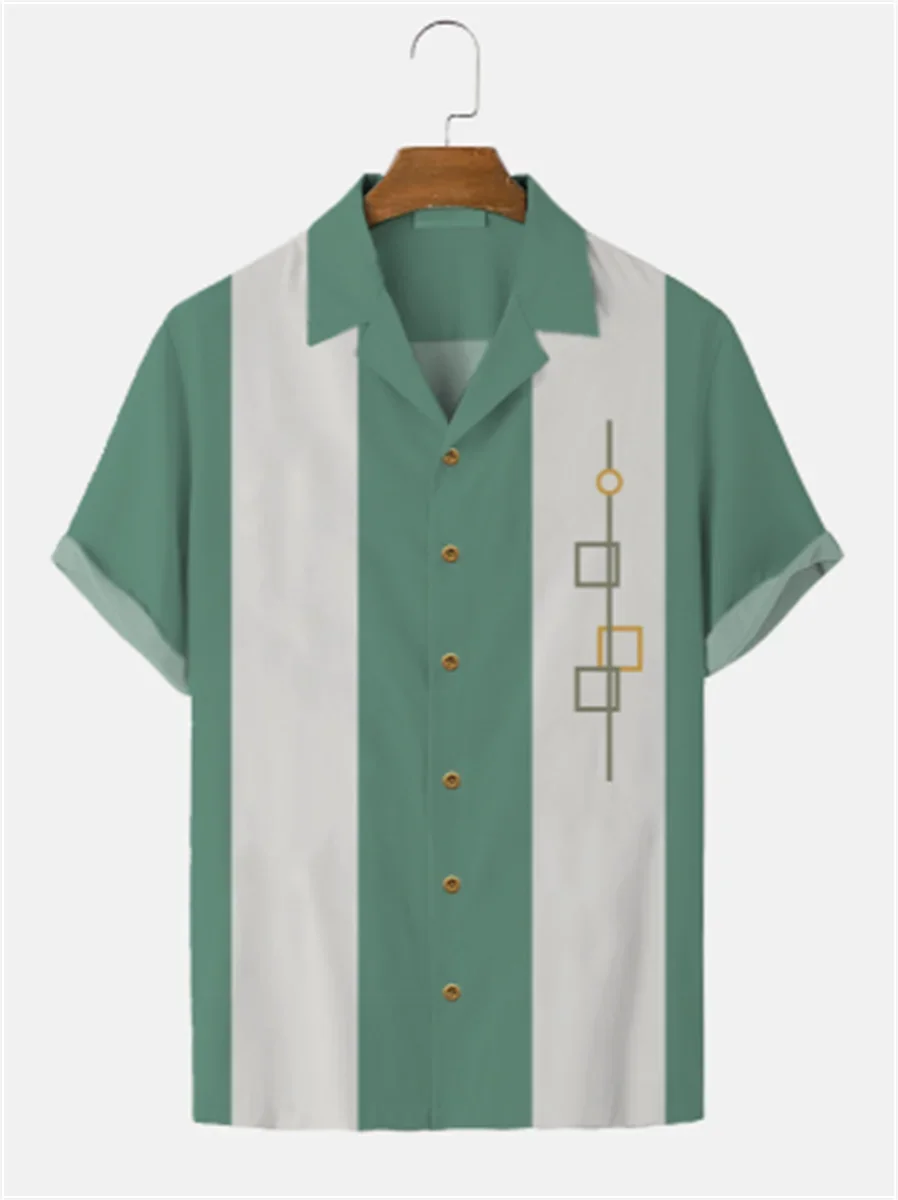 Stripes Simple Casual Dress Shirts European Size Men's Hawaiian Fashion Short Sleeve Loose Breathable Top Button Summer