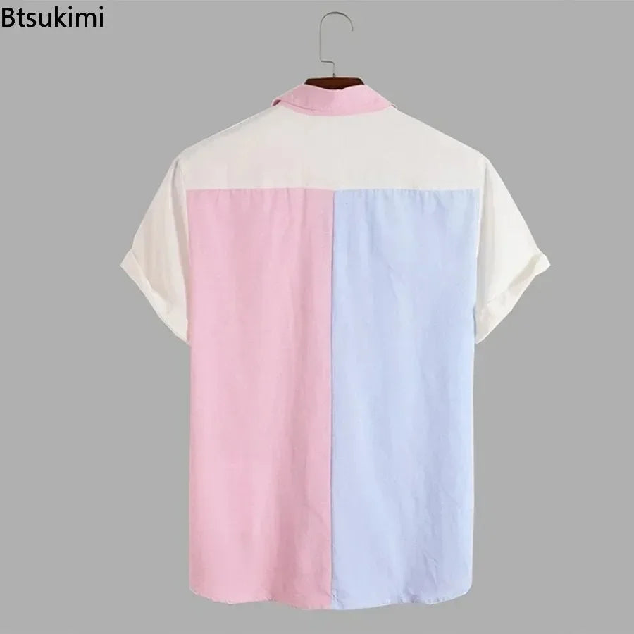 2026 Men's Summer Colorblock Shirts Short Sleeve Shirt Fashion Casual Lapel Cardigan Loose Comfortable Tops for Men Beach Shirts
