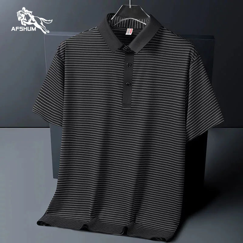 Men's Polo Shirt Summer New Lapel Men's Short Sleeve Polo Shirt Striped Ice Silk Business Casual Men's Polo Shirt M-6XL 7XL 8XL