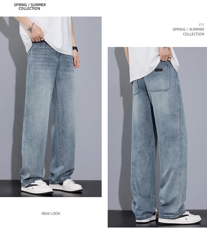 Autumn Casual Men's Straight Jeans Fashion Loose Vintage Elastic Waist Trousers Light Blue Personality Wide Pants Denim Male