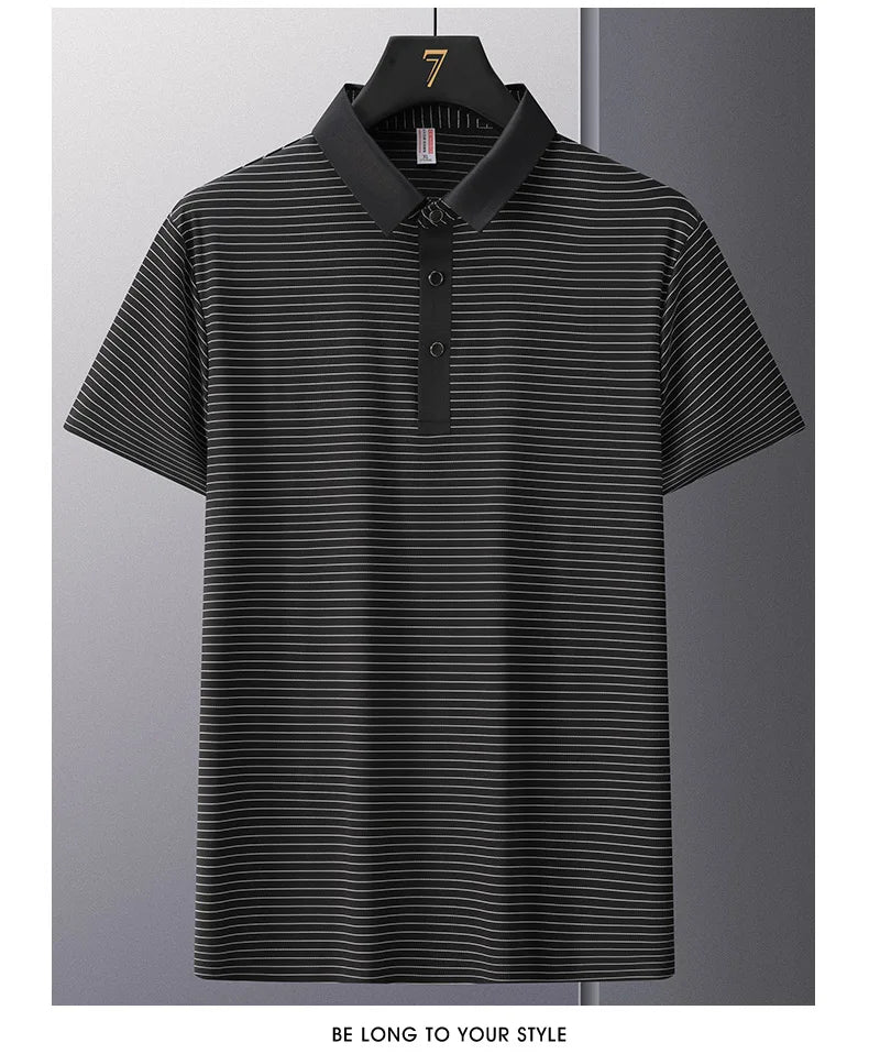 Men's Polo Shirt Summer New Lapel Men's Short Sleeve Polo Shirt Striped Ice Silk Business Casual Men's Polo Shirt M-6XL 7XL 8XL