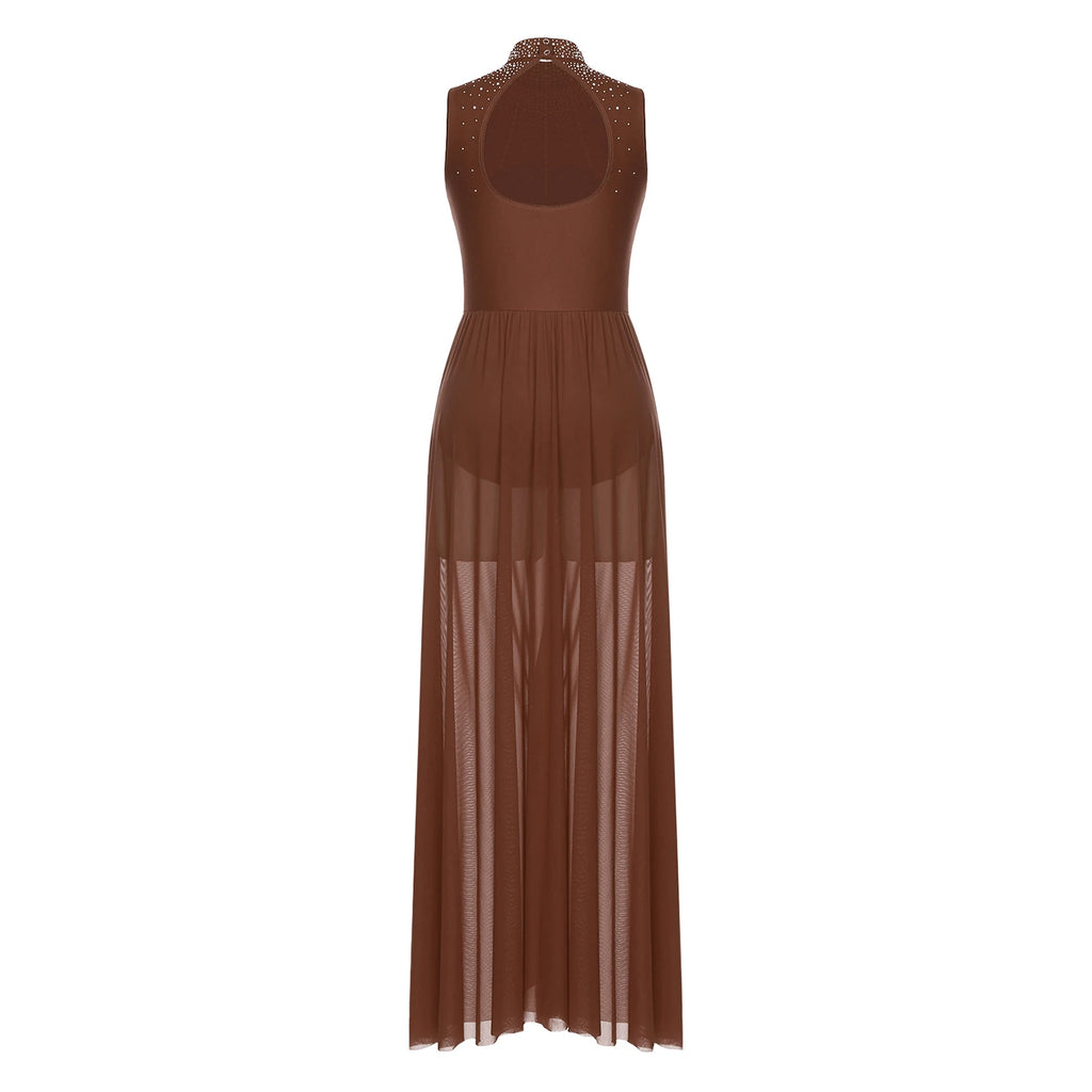 Womens Lyrical Dance Dresses Mock Neck Wide Hemline Shiny Rhinestones Maxi Dress Sleeveless Modern Contemporary Leotard Dresses