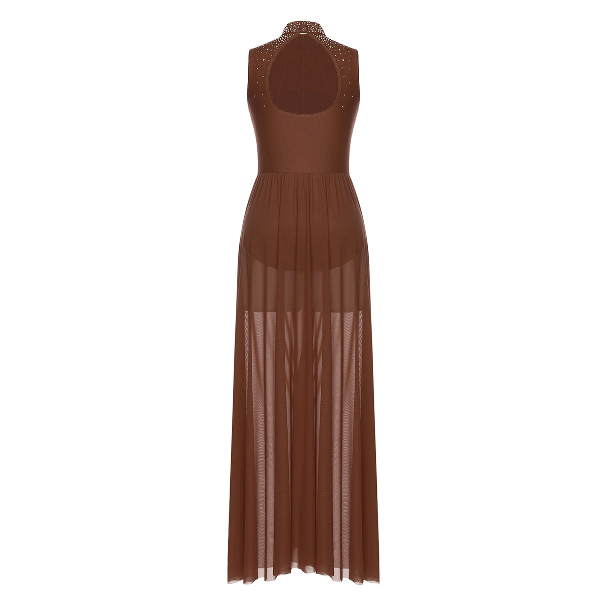 Womens Lyrical Dance Dresses Mock Neck Wide Hemline Shiny Rhinestones Maxi Dress Sleeveless Modern Contemporary Leotard Dresses
