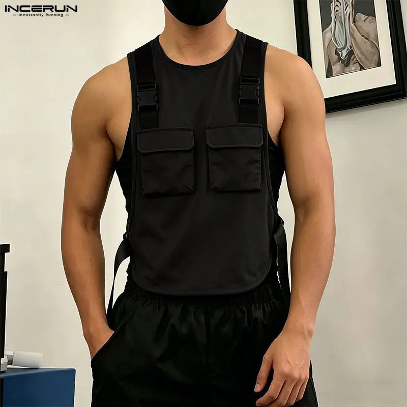 INCERUN Men's Tank Tops Solid Color O-neck Sleeveless Pockets Male Vests Summer Streetwear Loose 2026 Fashion Casual Men Clothes