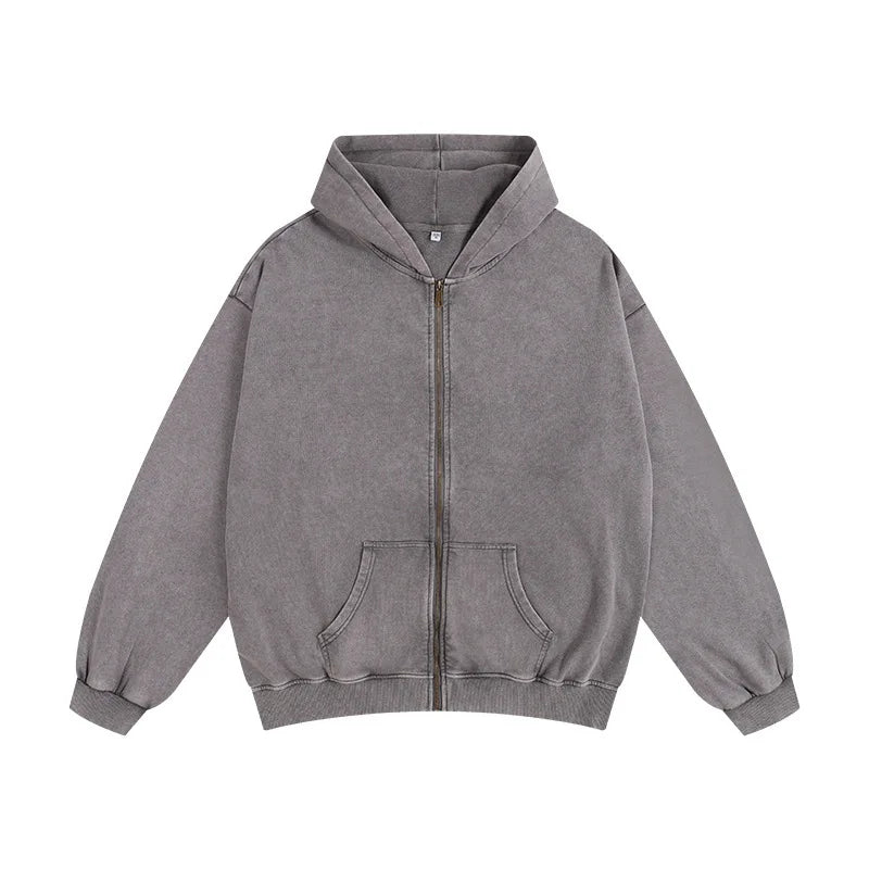 DIY Custom LOGO Cotton Washed Hoodie Zipper Sweatshirt Pants Tracksuit Men Women Retro Loose Distressed HipHop Oversized Big