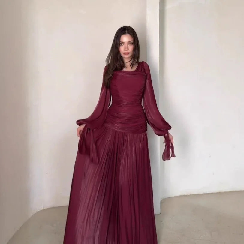 Women's Fashion Draped Design Solid Long Dress 2026 Casual Commute Waist Party Dresses Elegant O-neck Long Sleeve Evening Dress