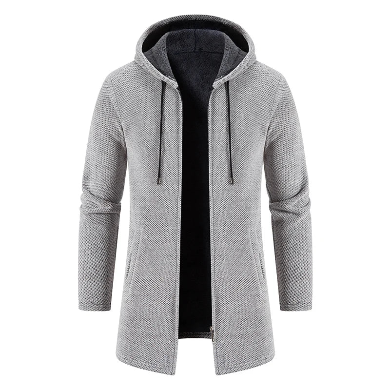 Men Winter Long Trench Coat 2023 Knit Sweater Jacket Fleece Wind Breaker Navy Turn-down Hoodies Zipper Cardigan Male Overcoat