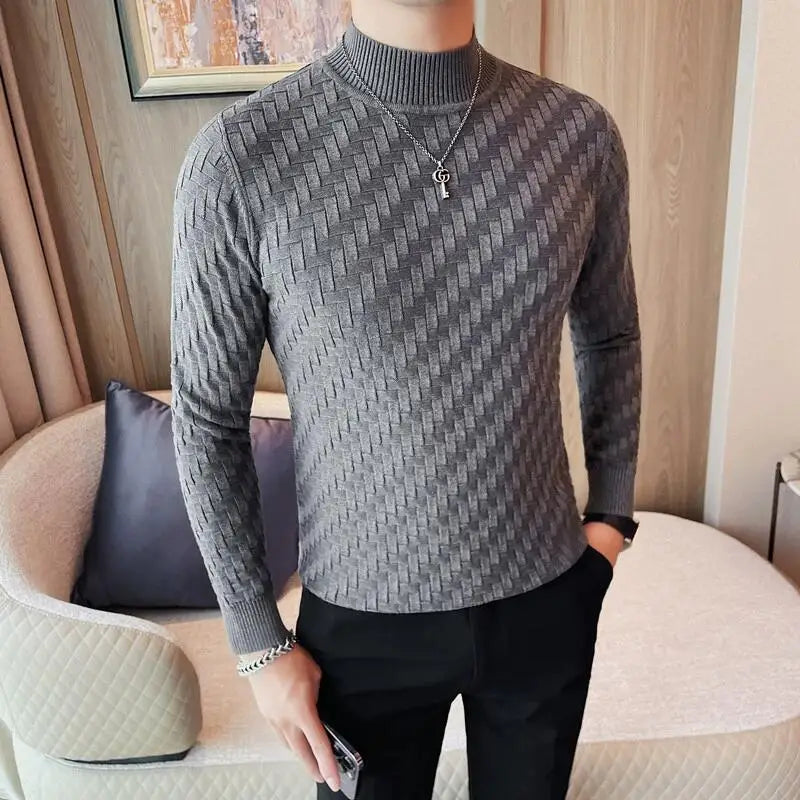 Men's Autumn Winter Half High Collar Jacquard Woven Sweater New Long Sleeve Slim Fit Knitted Sweater Pullers 4XL-M Homme