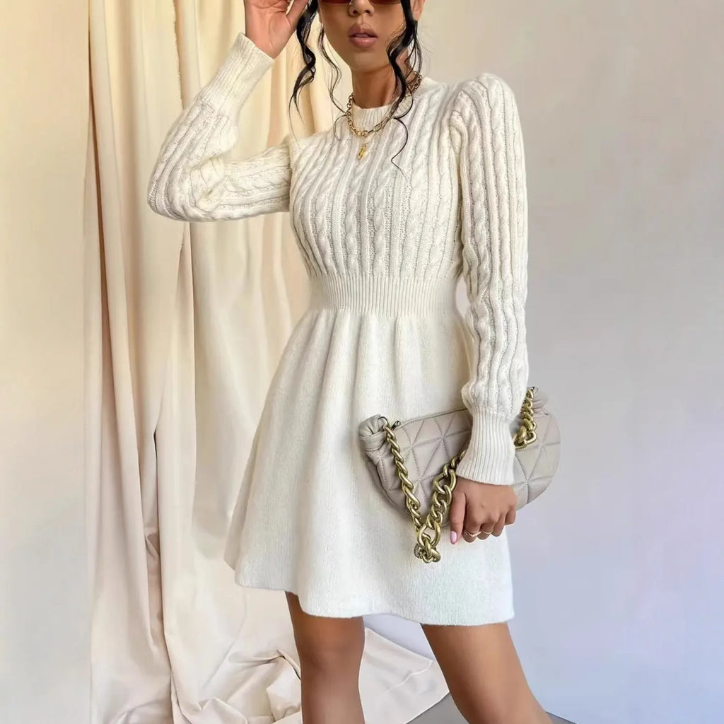 Knitted Dress Women 2025 Autumn Winter New Waist-tied Round Neck Ribbed Pattern Dress