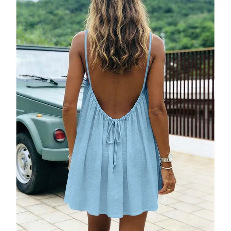 Women's Dress 2026 Summer Arrival Solid Color Fine Strap Flowing A-Line Skirt Casual Vacation Style with Elegant Backless Design
