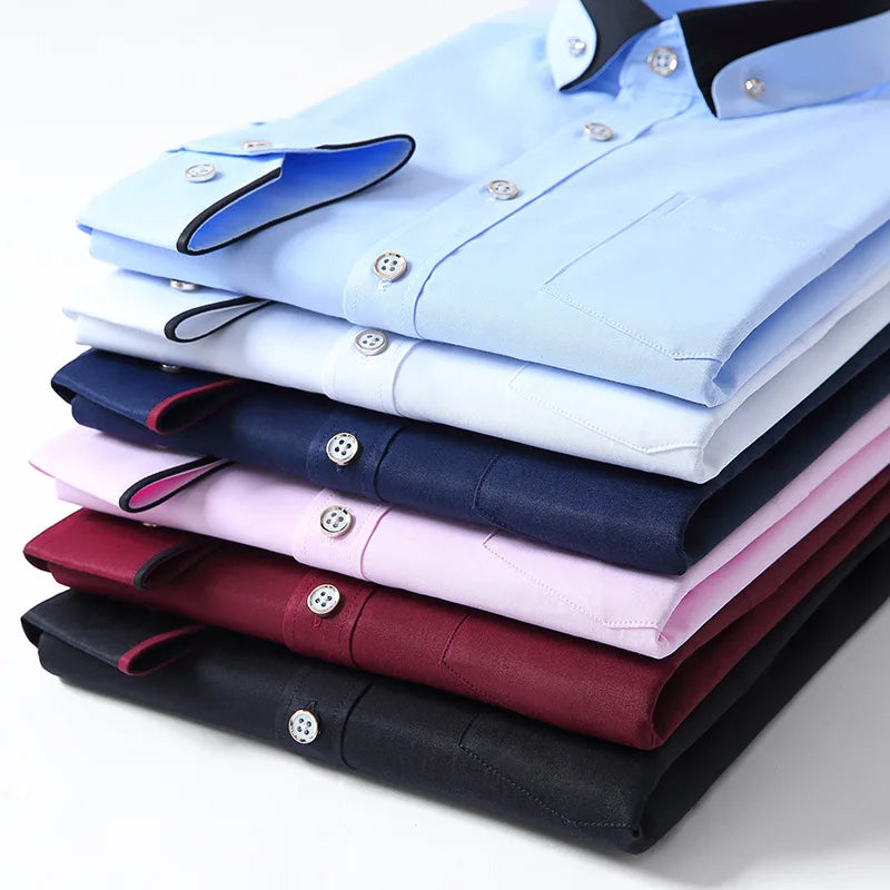 2026 Men's Long Sleeve Business Dress Shirts Solid Formal Button-Down Social Collar Camisa Elastic Anti-wrinkle Casual Men Shirt